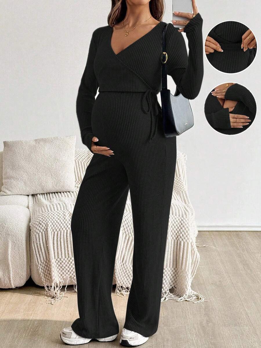 SHEIN Pregnant Women's Casual Everyday Commute Simple Solid Color Surplice Neck Wrap Knot Side Nursing T-Shirt And Pants Set, Spring/Autumn