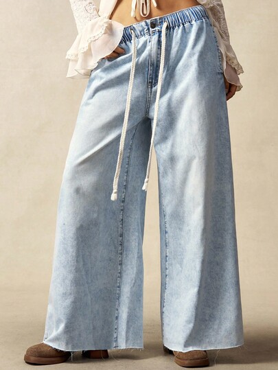 Bohemela Pantalones anchos de pierna ancha de cintura baja de unicolor de mezclilla tejida casual para mujer