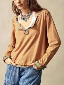 Bohemela Áo thun nữ cổ tròn tay dài họa tiết khối màu đơn giản - Màu nâu  Mocha - Xem 1