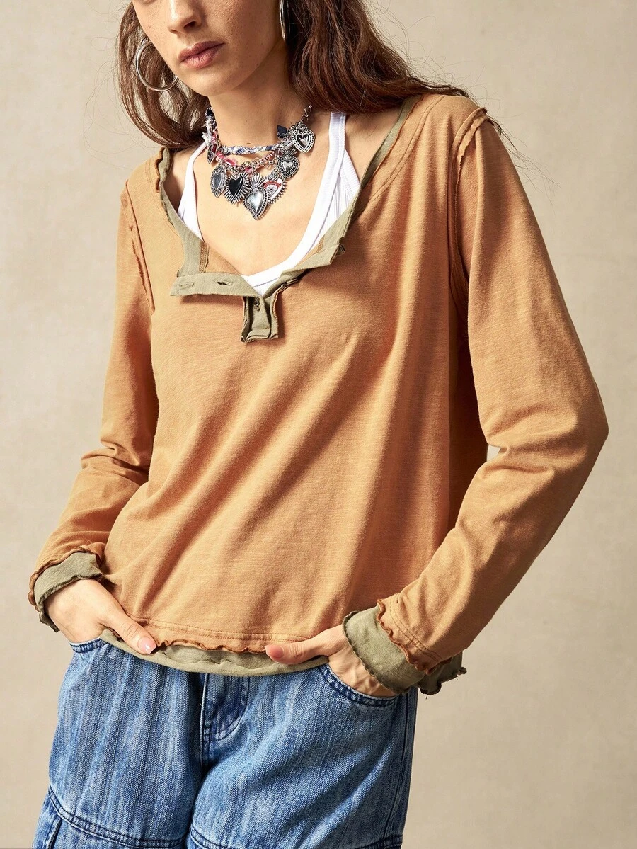 Bohemela Áo thun nữ cổ tròn tay dài họa tiết khối màu đơn giản - Màu nâu Mocha - Xem 1