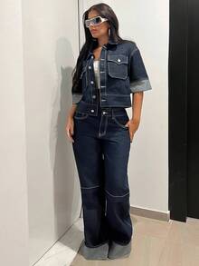 Jeanoix Women's Solid Color Front Button Casual Denim Jacket And Coat