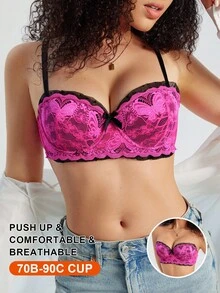 SHEIN 1pc Lace Patchwork Butterfly Decor Underwire Padded Bralette For Women - Hot Pink - View 1