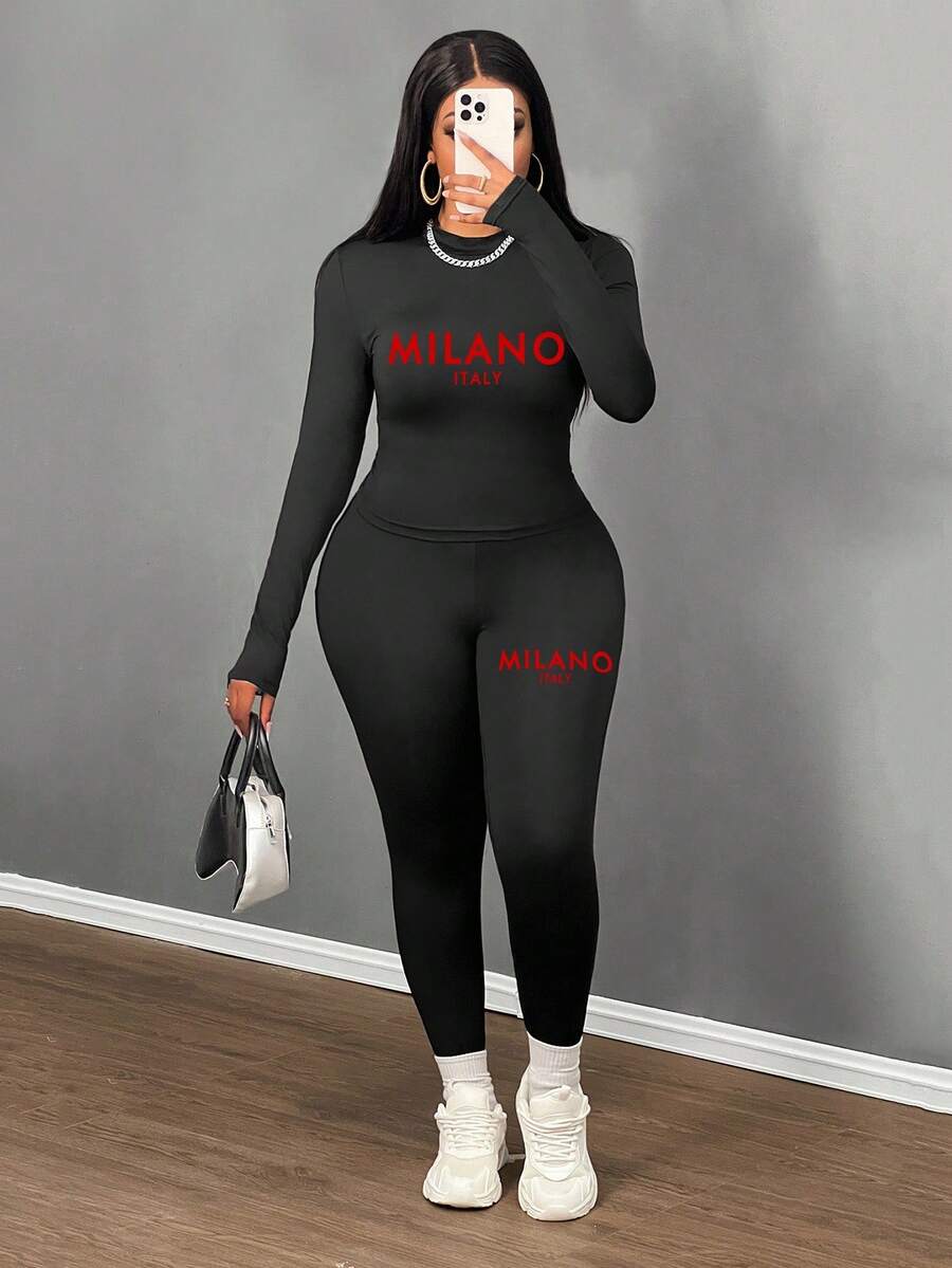 Slaydiva Casual Minimalist MILANO Letter Print Plus Size 2 Pieces Set, Autumn/Winter - Black - View 1