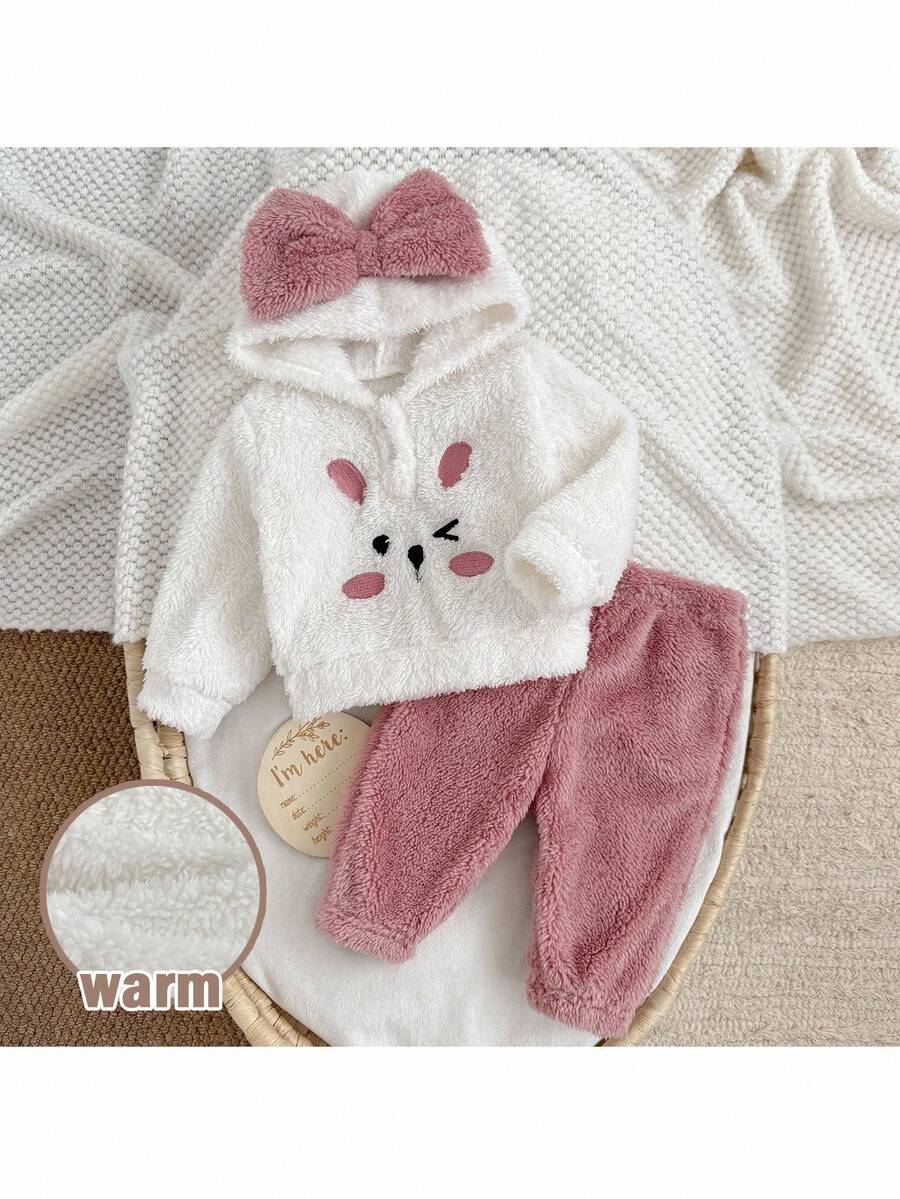 Loomiva Newborn Baby Girl 2pcs/Set Contrast Bow Fleece Crew Neck Long Sleeve Hoodie Sweatshirt And Elastic Waist Ankle Length Pants - Multicolor - View 1