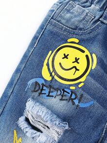 Baby Boys Street Fashion Ripped Distressed Stonewashed Straight Leg Jeans With Elastic Waist And Smiling Face English Print - Medium Wash - View 6