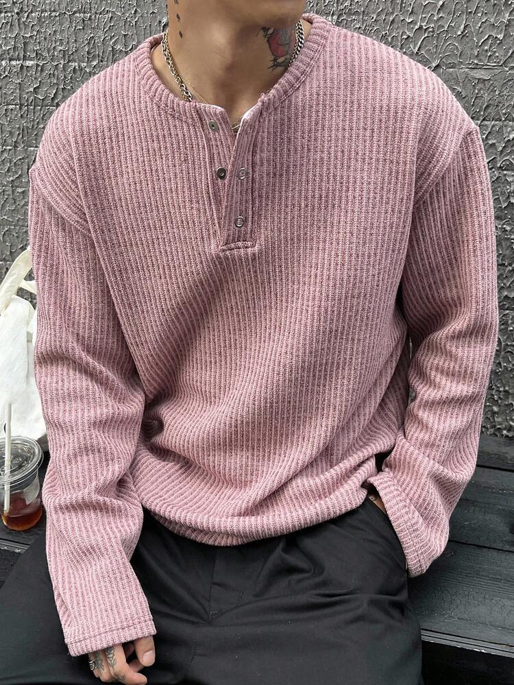 Men's Textured Fabric Round Neck Half-Placket T-Shirt, Pink, Autumn