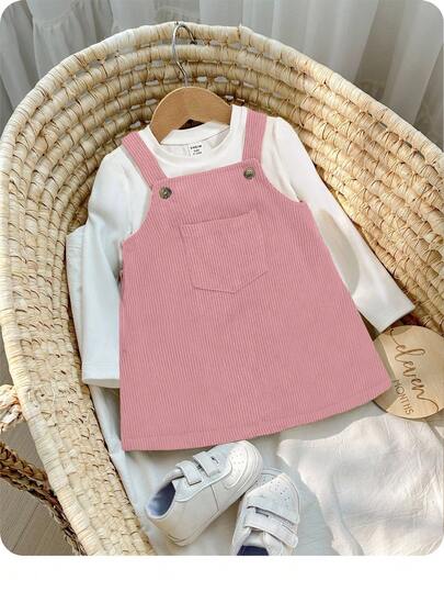 SHEIN Baby Girl Casual Solid Color Dress, Autumn Pink Warm Dresses For Baby Girl Pink Toddler Dress Set 2pcs Set Toddler Girls Cute Vintage Style Dresses For Baby 2 Piece Set Casual Pink Toddler Dress