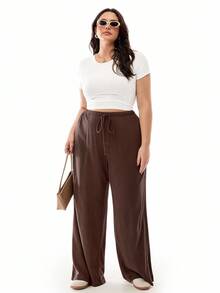 SHEIN EZwear Pantalones holgados casuales sólidos de cintura alta para mujeres de talla grande con cinturón y pierna ancha