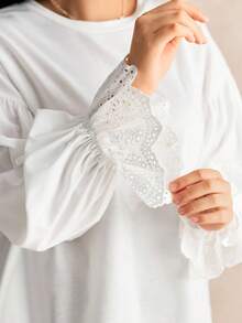 Nubod Plus Size Women Embroidered Cuff Trim Long Sleeve Minimalist Sweatshirt, Casual Everyday Wear, Autumn/Winter - White - View 5