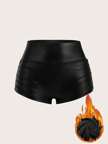 SHEIN EZwear Women's Solid Color Pleated Faux Leather Shorts With Thermal Lining