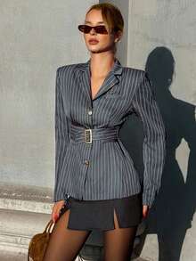 Siren Gaze Gray Striped Shaping Blazer With Belt, Business Casual Women's Fashionable Commuter, Can Be Paired With Blazer Dress For Women Women Suits, Office Clothes Women, Office Blouse, Autumn&Winter - Grey - View 4