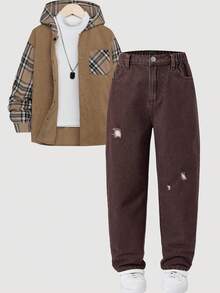 SHEIN Tween Boy Distressed Individuality Simple All-Match Versatile Full Horse Ripped Fashionable Street Funny Wind Comfortable Straight Leg Jeans - Coffee Brown - View 1