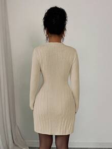 Elenzga Vestido ajustado de línea A de manga larga con cuello alto acanalado, que estiliza y ciñe la cintura para mujeres - Caqui - Ver 2