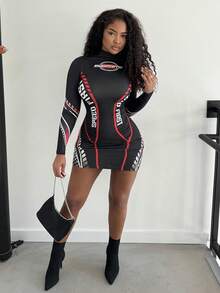 Alexandranx Color Block Letter Print Stand Collar Bodycon Dress - Black - View 1