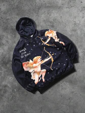 Street Life Sudadera con capucha de murciélago con estampado de ángel para hombre