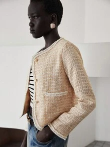 Lumivelle Light Yellow Fabric Patchwork Ribbon Short Jacket - Light Yellow - View 3