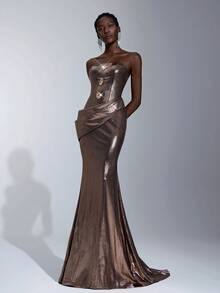 Elitara 优雅金属弹力面料手工金属花朵装饰紧身胸衣，带骨，荷叶边美人鱼长裙，带拖尾，女士正式晚礼服 - 金色 - 查看 5