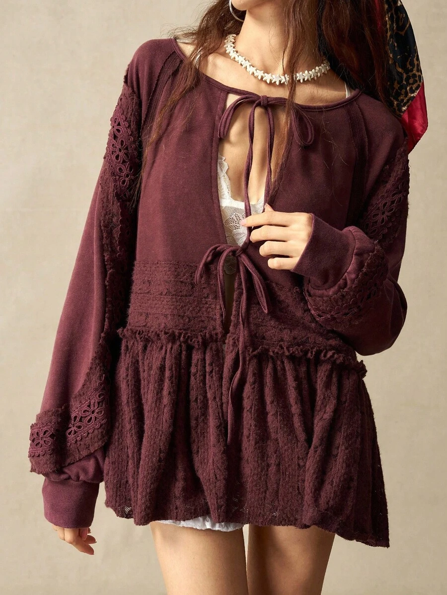 Bohemela Damen Lässig einfarbiger Strick Kapuzenpullover mit langen Ärmeln, locker geschnitten, Herbst Winter Kleidung für Frauen - Bordeaux - Übersicht 1