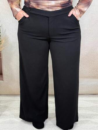 Hourglow Dollyholly86 Plus Size Women's Black Waist Asymmetric Button Straight Suit Pants Suitable For Going Out, Dating,Baggy Pants,Wide Leg Pants,Christmas,Curve,Pants Suit,Elegance, For Hourglass Body Shape