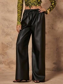 Chiquease Women's Black Low Waist Elastic Waistband Leather Pants,Casual Loose Fit Wide Leg Trousers With Drawstring,Autumn Night Out Textured Fabric Daily Wear - Black - View 6