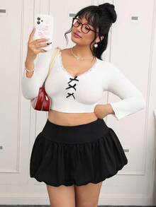 CovetEZ 大碼女士純色高腰短筒裙 - 黑色 - 查看 4