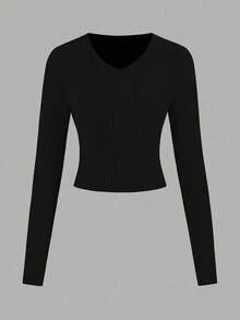 3pcs/Set Teen Girl Ribbed V-Neck Long Sleeve Elastic Fitted Soft T-Shirt - Multicolor - View 10