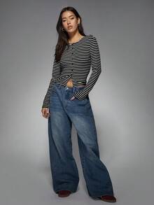 MISSGUIDED 长袖纽扣前条纹短款上衣经典罗纹针织修身时尚上衣秋冬休闲基本款分层必备现代当代设计 - 黑與白 - 查看 6