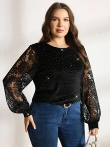 Comfylo 大码女式水钻装饰圆领撞色蕾丝灯笼袖优雅上衣，秋冬季舒适保暖，适合圣诞节、新年、感恩节派对，亮片上衣，闪亮奢华晚宴优雅上衣，复古富贵风上衣 - 黑色 - 查看 3