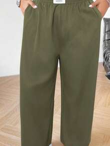 SHEIN PETITE CURVE Quần ống rộng màu đen thường ngày cỡ lớn dành cho nữ - xanh quân đội - Xem 7