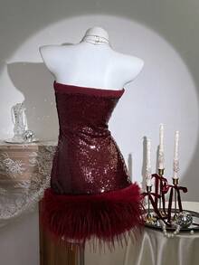 SHEIN Unity Sequin Embellished Strapless Faux Fur Bodycon Dress For Women - Red - View 2
