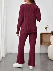 SHEIN 2件套孕妇休闲保暖罗纹长袖上衣和裤子套装，秋冬 - 酒紅色 - 查看 2