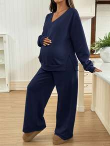 SHEIN 2件套孕妇休闲纯色运动衫和运动裤套装，秋冬 - 藏蓝色 - 查看 3