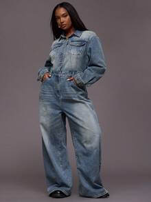 MUSERA 加大码水洗牛仔阔腿连体裤，日常休闲酷女孩街头风，未裁剪 - 藍色 - 查看 1