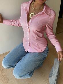 SHEIN EZwear 女士秋季新款粉色条纹系腰修身长袖衬衫 - 紅色 - 查看 4