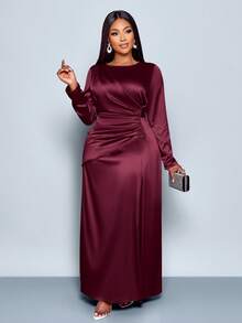 SOLERSUN Đầm ôm body bằng vải satin nhún bèo màu trơn thanh lịch dành cho nữ, thích hợp cho trang phục dự tiệc hẹn hò Maxi dành cho nữ - Màu Đỏ Sâu - Xem 3