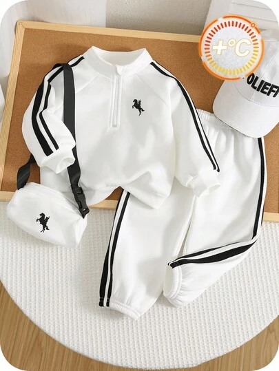 SHEIN Set de 3 piezas para bebé niño/niña que incluye 2 piezas: sudadera con capucha de media cremallera a rayas de manga larga y pantalones jogger. Conjunto cómodo y casual de ropa deportiva adecuado para interior, exterior, uso diario, deportes, juego, fiesta, sesión de fotos, vacaciones y todas las estaciones.