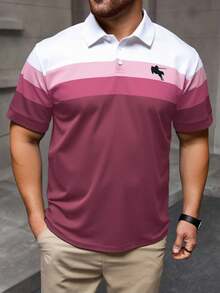 Manfinity Homme Plus Size Men's Casual Commuter Striped Short Sleeve Polo Shirt - Coral Pink - View 3