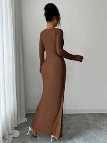 Elenzga 女士纯色时尚扭结长裙，不对称领口针织纹理紧身包臀裙，扭结开衩设计，优雅女士服装，秋季女装，冬季女士端庄服饰 - 棕色 - 查看 2