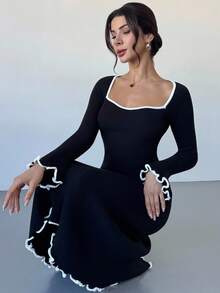 Firerie Women's French Style Black & White Trim Sweetheart Neck Long Sleeve Slim Fit Fishtail Sweater Dress, Fishtail Hem Sweater Dress, Autumn/Winter Clothing, Layering Basic Knitted Sweater Dress, Spring/Autumn/Winter, Elegant, Commute, Casual, Daily, Work Wear - Black - View 1