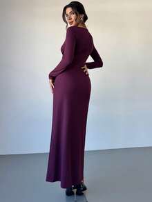 Firerie Women's Christmas  Solid Color Overlap V-Neck Batwing Sleeve Pleated Elegant Dress Elegant Dresses For Party Elegant Christmas Clothes For Women New Year Clothes - Red Violet - View 5