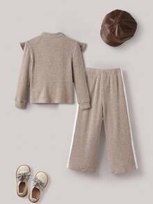 PrepCrw 2pcs Young Girls Elegant Urban Versatile White Trim Ruffle Collar Loose Fit Sweatshirt And Khaki Side Panel White Pants Set, Suitable For Casual Outings, Gatherings, Holidays, Autumn And Winter Young Girl Pant Set Girls Pant Suit Flare Pants Set Kids Girl S Spring And Autumn Suit - Khaki - View 3