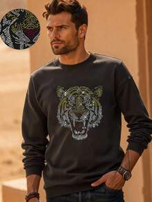 Manfinity NXTstreet Sudadera casual con estampado de tigre y aplicaciones de rhinestone para hombre, para otoño e invierno - Negro - Ver 4