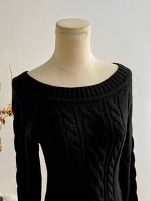 Sweetra 女式简约时尚棕色粗针织露肩长袖套头衫，秋冬 - 黑色 - 查看 5