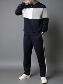 Manfinity Homme 男士撞色圆领长袖休闲运动衫和运动裤套装男士两件套运动服男士运动服套装男士慢跑服男士运动服套装休闲两件套男士秋季服装 - 彩色 - 查看 1