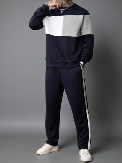 Manfinity Homme 男士撞色圆领长袖休闲运动衫和运动裤套装男士两件套运动服男士运动服套装男士慢跑服男士运动服套装休闲两件套男士秋季服装