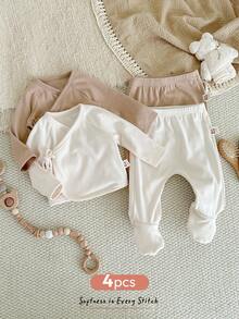 Cozy Pixies 4件套新生儿男/女纯色针织柔软圆领长袖上衣和松紧腰裤套装 - 彩色 - 查看 8