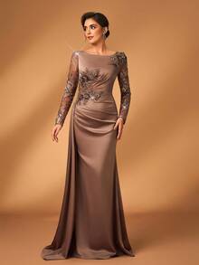 Serin Đầm dạ hội dài tay dáng đuôi cá sang trọng, thanh lịch với họa tiết ren thêu phối ren, chất liệu satin co giãn, xếp ly và voan mỏng, thích hợp cho đám cưới, tiệc tùng, kỳ nghỉ, dạ hội, váy dạ hội cho mẹ cô dâu, ngày Valentine. - Cà phê nâu - Xem 5
