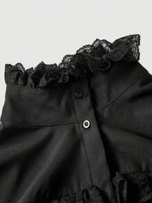 SHEIN MOD Blusa elegante da donna con colletto alto, maniche a volant e pizzo a contrasto, vestibilità slim, autunnale - nero - Visualizzare 3