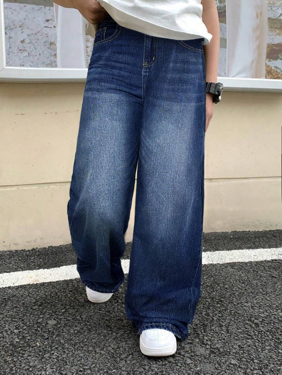 SHEIN Teen Boy Color Block Pocket Casual Versatile Jeans Wide Leg Jeans Loose Jeans - Dark Wash - View 1