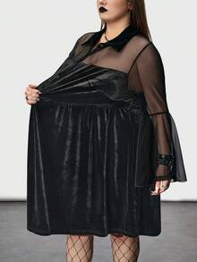 SHEIN CURVE+ 大码女款黑色长袖喇叭袖连衣裙，暗黑神秘风/秋冬 - 黑色 - 查看 4